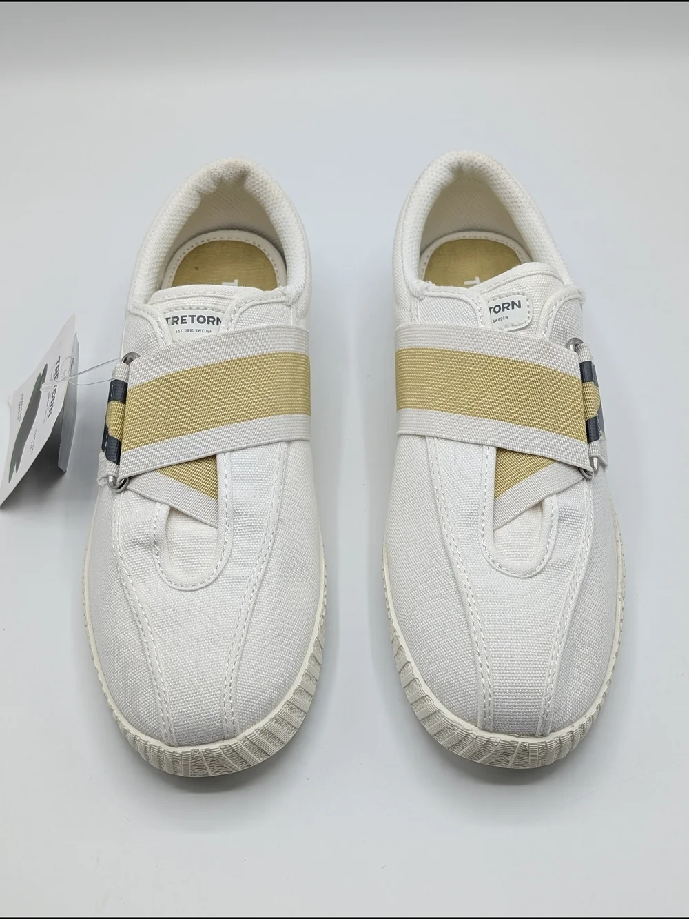 Tretorn Women's 8 White Canvas Sneakers with Yellow & Gray Accent Slip On Nylite